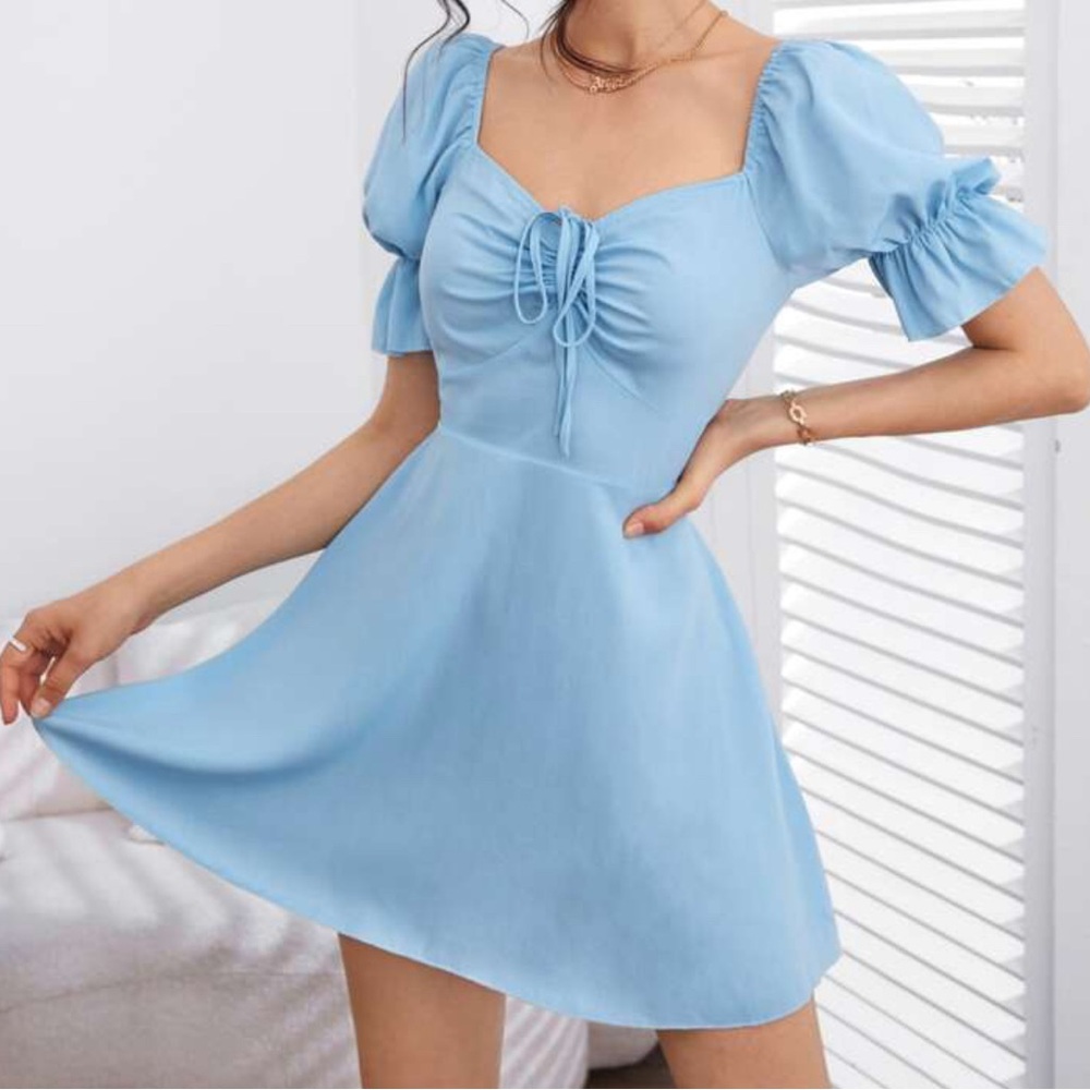 Shein Puff Sleeve Ruched Bust Drawstring Dress